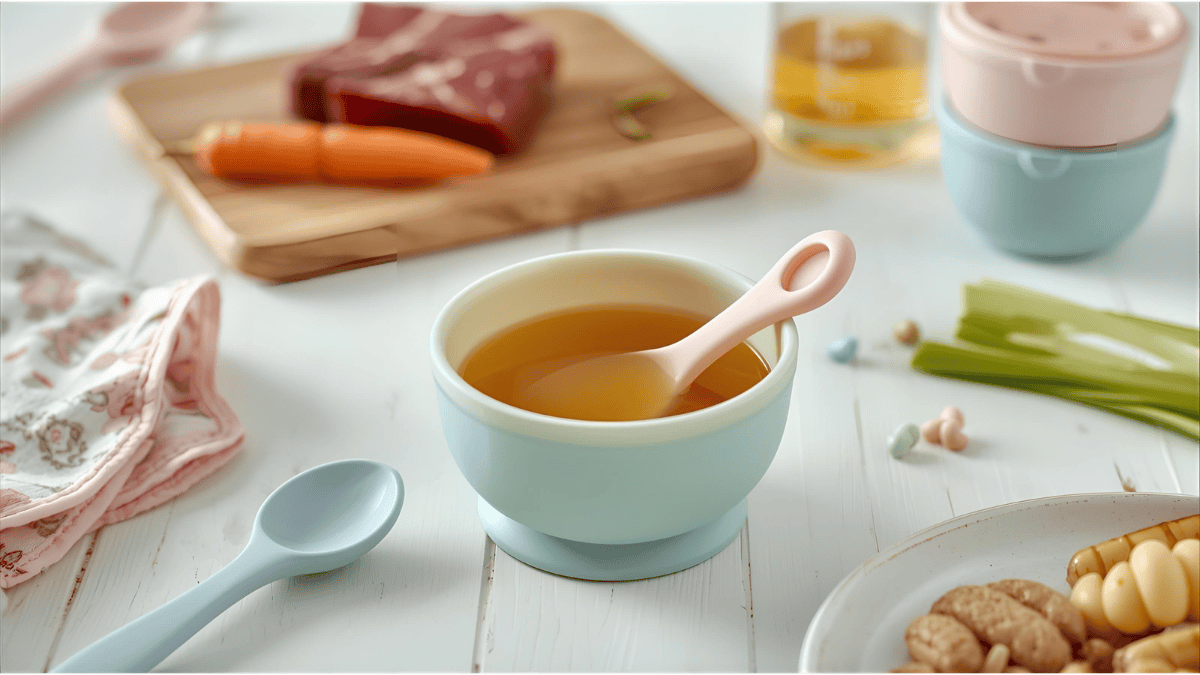 Como fazer caldo de ossos para bebês: tigela com caldo nutritivo dourado, ossos frescos e vegetais orgânicos sobre mesa de madeira rústica