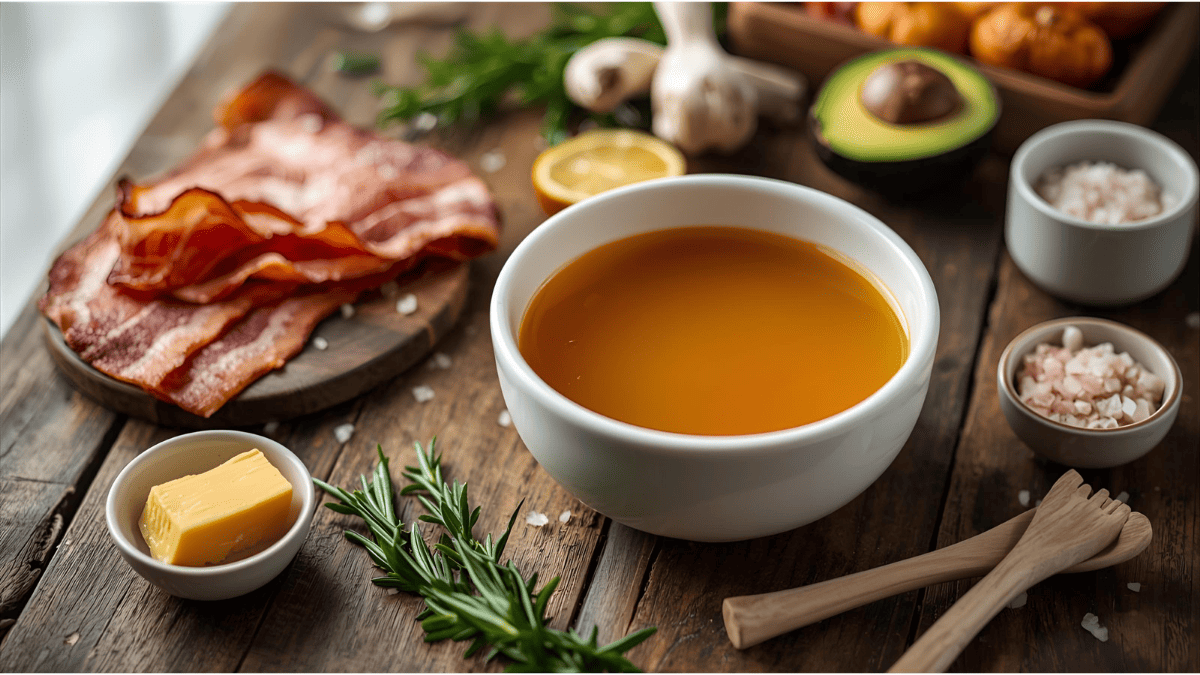 caldo de ossos para dieta cetogênica: tigela com caldo nutritivo cercada por bacon, abacate, ghee e ossos com tutano em mesa rústica