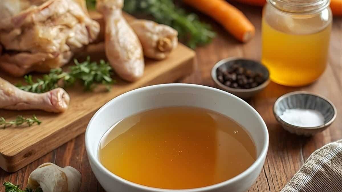 Como fazer caldo de ossos de frango: tigela com caldo dourado gelatinoso, carcaça de frango, pés de galinha e ervas frescas em mesa rústica