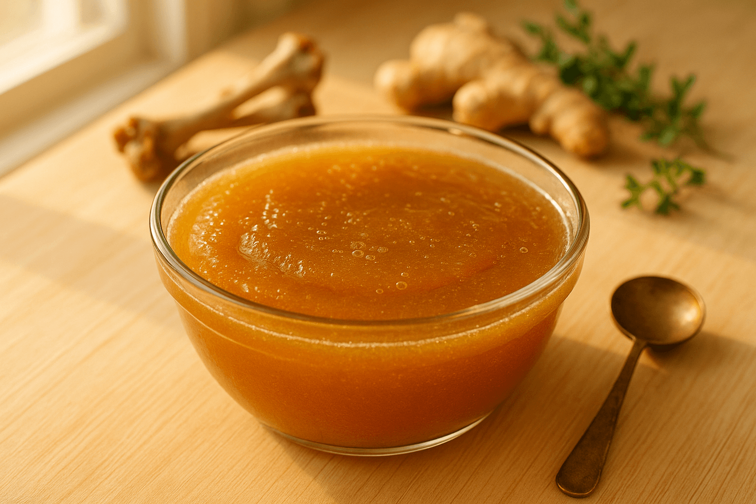 Como engrossar caldo de ossos - resultado gelatinoso dourado em tigela de vidro com luz natural.