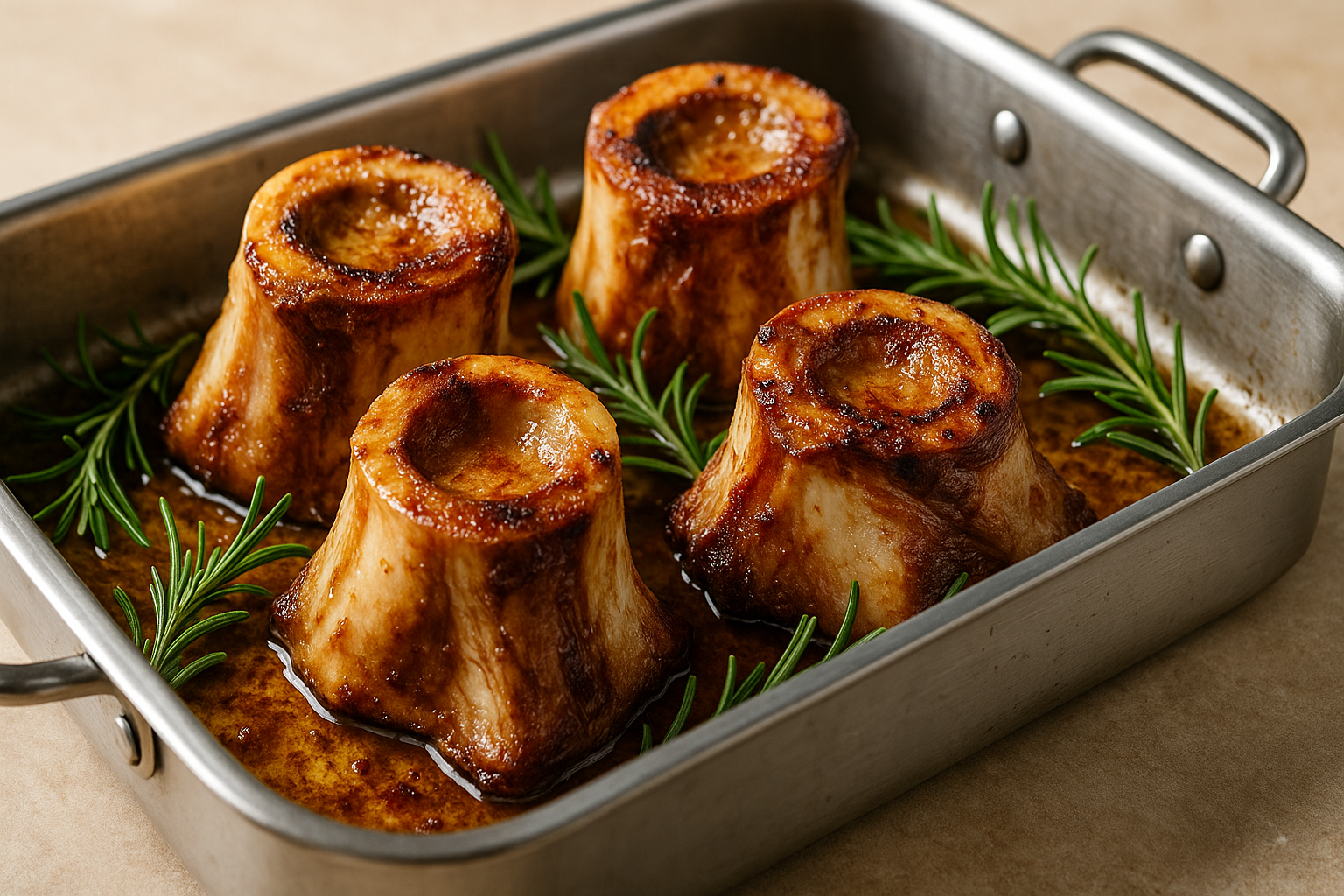 Como assar ossos para caldo profissional: tutano bovino dourado caramelizado em assadeira inox com reação Maillard, rosemário e sal grosso 2026