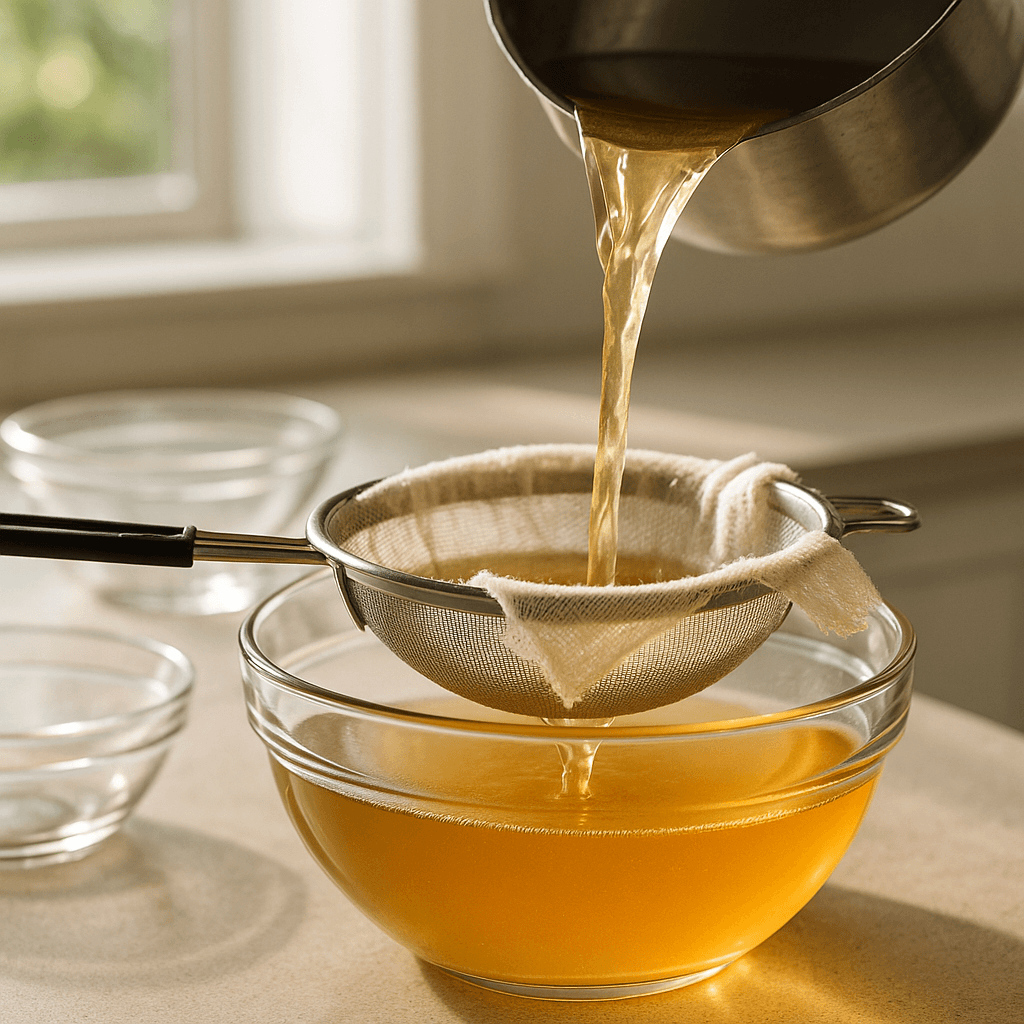Como coar caldo de ossos profissionalmente com gaze fina: caldo dourado cristalino sendo filtrado lentamente sob luz natural em vidro, demonstrando técnica correta de coação