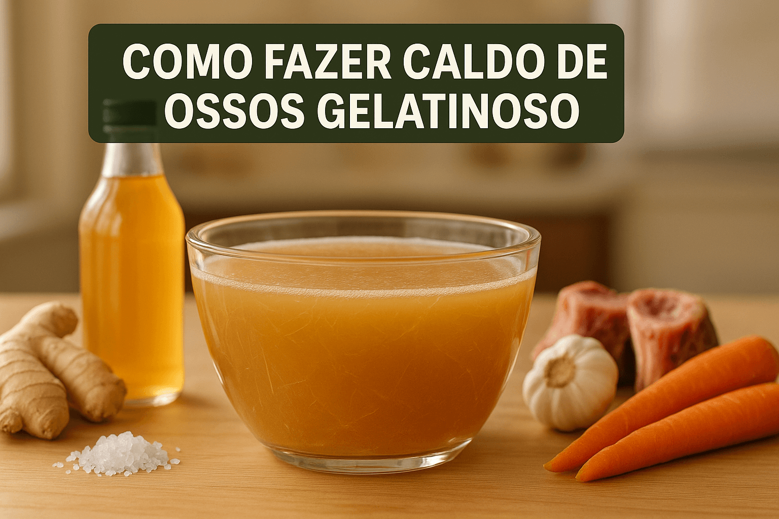 Como fazer caldo de ossos gelatinoso em estado de gel sólido dourado-âmbar em tigela de vidro com ingredientes frescos e luz natural