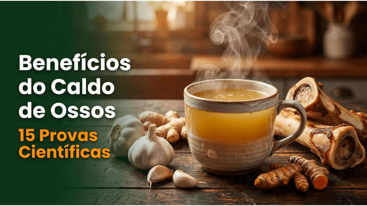 Benefícios do caldo de ossos: tigela dourada fumegante com ossos bovinos, colágeno, gengibre e ingredientes naturais para saúde e bem-estar