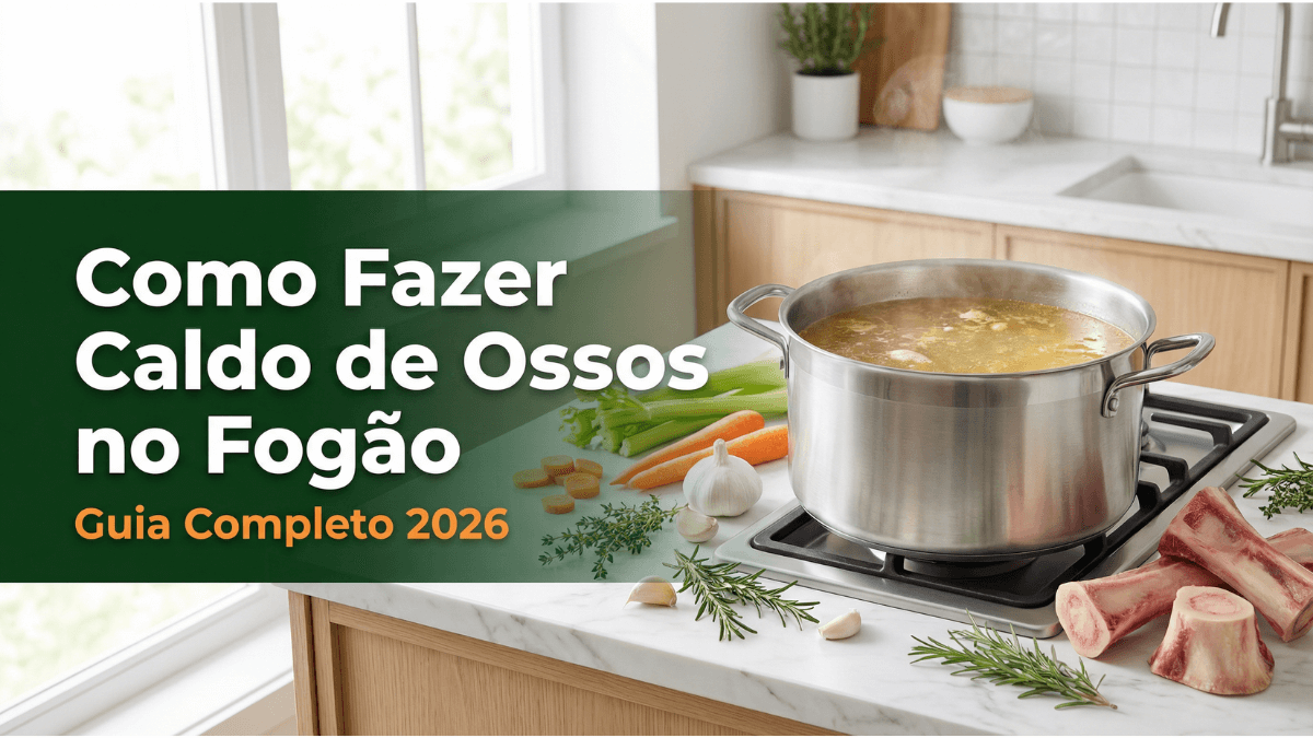 Como fazer caldo de ossos no fogão: panela inox com ossos bovinos fervendo lentamente em caldo dourado fumegante com legumes e ervas aromáticas