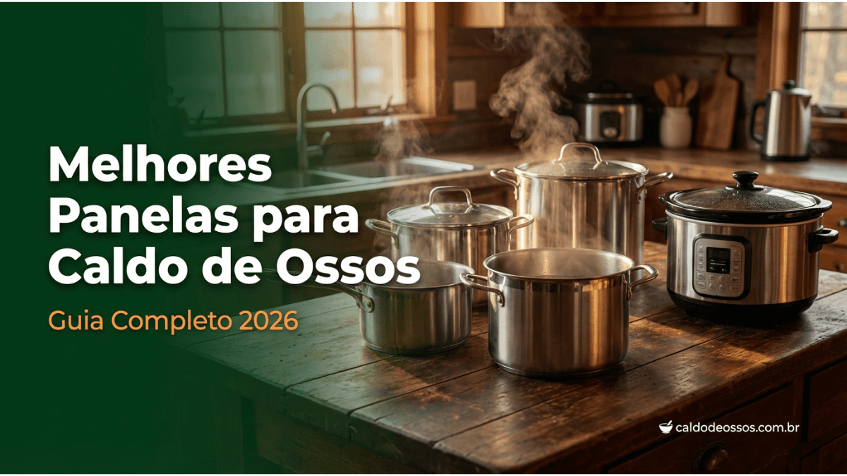Melhores panelas para caldo de ossos: panela de pressão inox, slow cooker e panela de ferro sobre bancada de cozinha com ossos bovinos ao redor