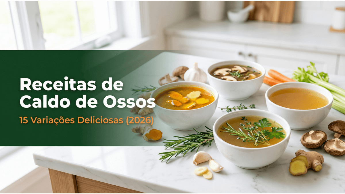 Receitas de caldo de ossos: tigelas com 15 variações diferentes de caldo dourado fumegante com ingredientes naturais sobre bancada iluminada por luz natural